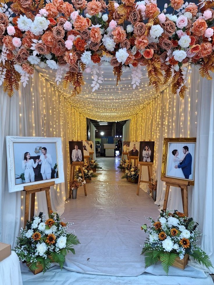 Elegant wedding banquet decor with floral arch and draping in Rohtak Haryana